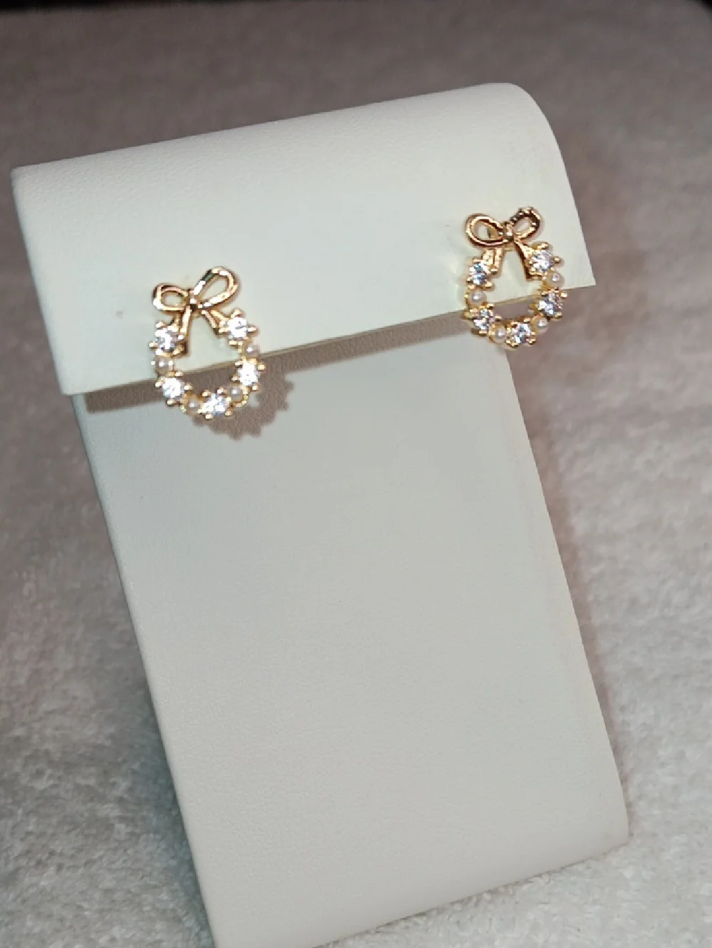 Petite Gold Tone Mini Pearl Wreath Stud Earrings with Bow